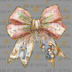 May include: A decorative bow featuring a Christmas theme. The bow is primarily pink with gold glitter accents and illustrations of the Nativity scene, including Mary, Joseph, and baby Jesus. The bow also has snowflakes and sheep.