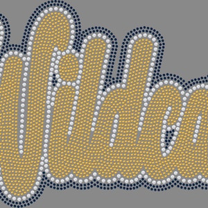 May include: A rhinestone transfer design featuring the word Wildcats in a cursive script font. The lettering is filled with gold rhinestones, outlined in white, and bordered by a thick layer of dark navy blue rhinestones on a gray background.