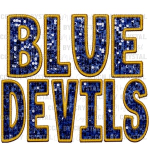 Blue Devils Mascot Faux Embroidery Faux Sequins Ready to Press Transfer Direct to Film DTF Transfers Sublimation Transfer