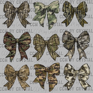 May include: Nine digital illustrations of camouflage bows. The bows are in various shades of green, brown, and black.