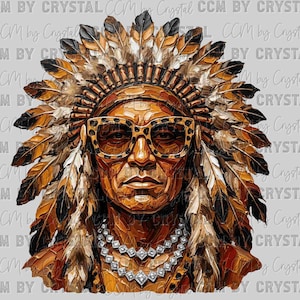 May include: A digital illustration of a person wearing a large, feathered headdress in shades of brown, tan, and black. The person wears leopard-print glasses and a double-strand silver necklace with diamond-shaped accents. The text CCM BY CRYSTAL repeats.
