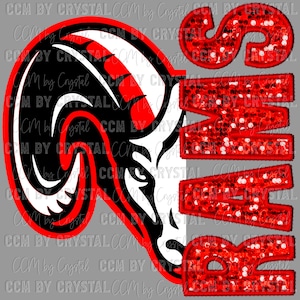May include: A red and black ram head silhouette with a red sparkly word "RAMS" to the right. The background is gray.