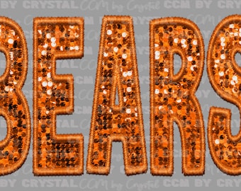May include: The word BEARS is spelled out in large, block-style letters. Each letter is filled with shimmering orange sequins and outlined with a thick, stitched orange border. The background is a solid gray with a repeating watermark.