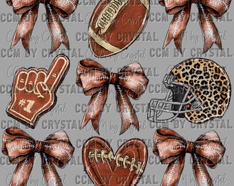 May include: A digital graphic sheet featuring brown football-themed bows, a brown football, a brown number one foam finger, a leopard print football helmet, and a heart-shaped football, all overlaid with the repeating text CCM by Crystal.