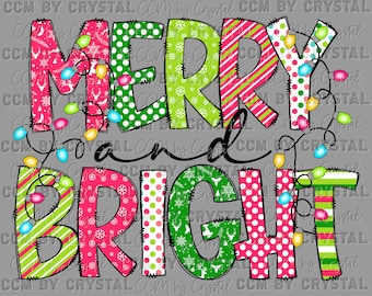 Puede incluir: Un diseño gráfico con el texto MERRY and BRIGHT en letras mayúsculas grandes, coloridas y estampadas. Las letras están decoradas con lunares, rayas y copos de nieve en rojo, verde y blanco, envueltas en luces de cadena.
