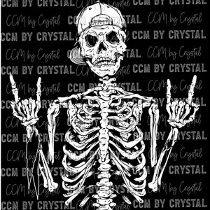 May include: A white skeleton wearing a baseball cap with a skull face, giving the peace sign with both hands. The skeleton is on a black background.