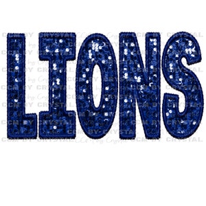 May include: Embroidered patch spelling out the word "LIONS" in navy blue. The letters are filled with blue sequins and outlined with navy blue stitching. The background is white.