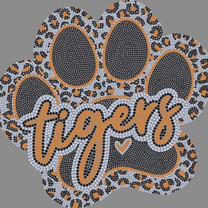 May include: A paw print design with the word "tigers" in orange script. The paw print is outlined in black and filled with black dots. The background has a leopard print pattern in orange and black.