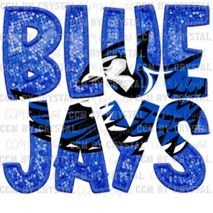Può includere: Lettere blu e nere scintillanti che compongono la scritta "BLUE JAYS" con una grafica di un uccello blu jay al centro.