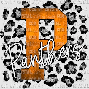 May include: A graphic design featuring a large orange letter "P" with the word "Panthers" in white script. The design is set against a background of black and silver leopard print spots, with a light gray background.