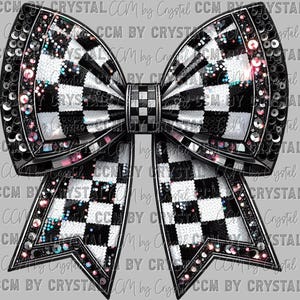 May include: A large, decorative bow with a checkered pattern in black and white. The bow is embellished with sequins and rhinestones, and has a metallic silver border. The bow is set against a gray background.