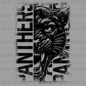 May include: A black and gray graphic design featuring the right half of a snarling panther face with bared teeth and whiskers. The word PANTHERS is printed in a bold, distressed, vertical black font on the left side of the image.