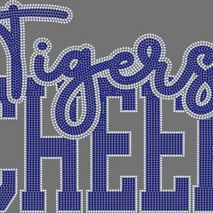 May include: A gray graphic with the words "Tigers Cheer" in a blue dotted design. The word "Tigers" is in a cursive font, and "Cheer" is in a block font. The dots are white and blue.
