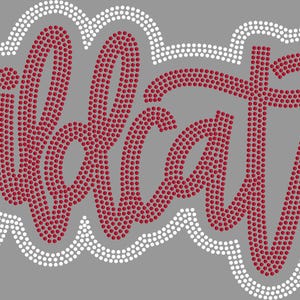 May include: A gray graphic with the word "Wildcats" in a cursive font, made of small maroon dots. The text is outlined with a white dotted border, set against a gray background. This design is suitable for apparel and accessories.