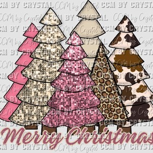 May include: A festive illustration of stylized Christmas trees with various patterns, including pink, tan, and leopard print. The text "Merry Christmas" is displayed in a cursive font at the bottom of the image.