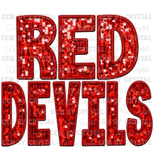 May include: Red Devils text design. The words "RED DEVILS" are displayed in large, bold letters. Each letter is filled with red sequins and outlined with a darker red stitching, creating a textured effect. The design is on a white background.