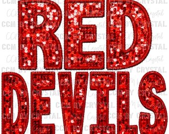 Red Devils Mascot Faux Embroidery Faux Sequins Ready to Press Transfer Direct to Film DTF Transfers Sublimation Transfer