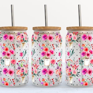 Flowers Floral UV DTF Transfer 16oz Libby Glass Can Wrap Ready to Apply
