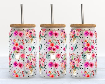 Flowers Floral UV DTF Transfer 16oz Libby Glass Can Wrap Ready to Apply