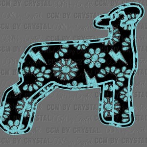 May include: A black and turquoise lamb silhouette design. The lamb is filled with turquoise floral and lightning bolt patterns. The outline and details are turquoise, creating a striking contrast against the black background.