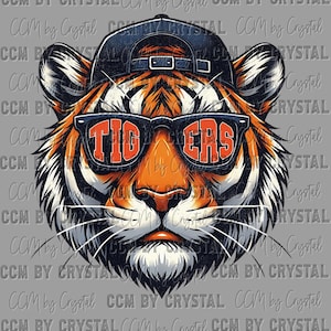 May include: A digitally illustrated tiger wearing a black baseball cap and sunglasses. The sunglasses have the word "TIGERS" in orange letters. The tiger has orange and black stripes and a white muzzle. The background is a solid gray.