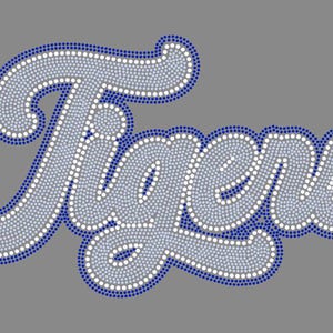 May include: The word "Tigers" in a script font, rendered in a mosaic style. The letters are light blue, outlined in dark blue, and filled with small white dots. The background is a solid gray.