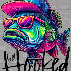 May include: A colorful illustration of a fish wearing a baseball cap and sunglasses. The fish is outlined in black and has a rainbow of colors. The text "Get Hooked" is written in black below the fish.