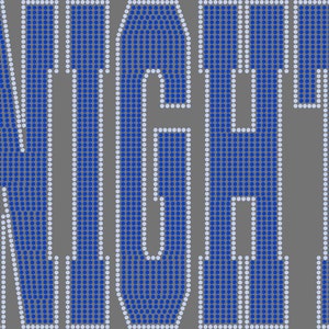 May include: Blue and white rhinestone design spelling out the word "KNIGHTS".