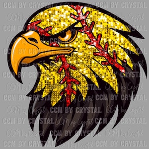 May include: A gold glitter eagle head with red stitching, resembling a baseball. The eagle's eye is yellow and the beak is orange.