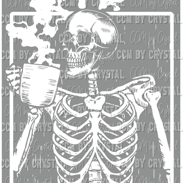 Skeleton Drinking Coffee White Transfer Ready to Press Direct to Film Transfer DTF Transfers