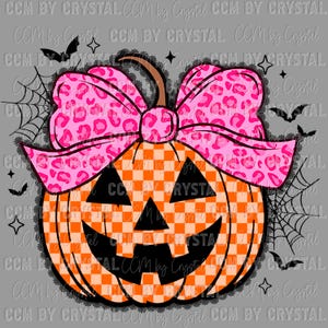 May include: A Halloween-themed graphic featuring a jack-o'-lantern with a pink leopard print bow. The pumpkin has an orange and white checkered pattern. Black bats, stars, and spiderwebs surround the pumpkin on a gray background.
