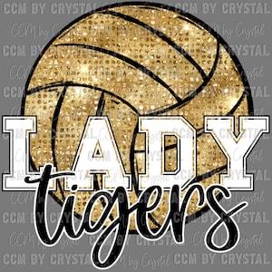 Lady Tigers Gold Volleyball Faux Sequins Mascot Ready to Press Transfer Direct to Film DTF Transfers Sublimation Transfer