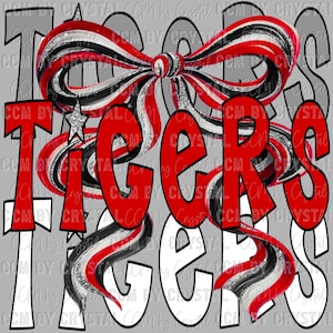 May include: A digital design featuring the word "TIGERS" in red and white, with a large bow in red, black, and silver. The background is a light gray with text that says "CCM BY CRYSTAL".