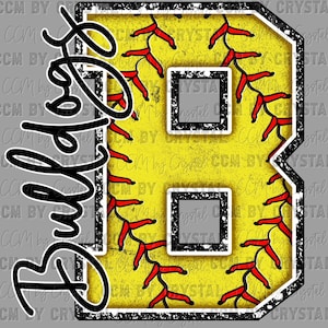 May include: A black and white graphic of a softball with red stitching inside a black and white number 8. The text "Bulldogs" is written in black cursive to the left of the number.