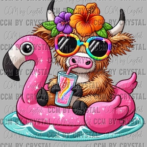 May include: A brown and white Highland cow wearing sunglasses and a flower crown floats on a pink flamingo pool float. The cow is holding a pink and blue drink with a straw. The float is in a pool of blue water.