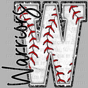 May include: A black and white baseball-themed letter W with red stitching. The letter is outlined in black and has a distressed, glittery look. The word "Warriors" is written in black cursive to the left of the letter.
