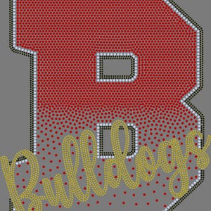 May include: A large letter B formed from red rhinestones with a white rhinestone border. The word Bulldogs is written across the bottom in gold cursive rhinestones. The design is set against a solid gray background.