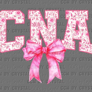 May include: A graphic design featuring the letters "CNA" in a bold, collegiate-style font. The letters are filled with a pink floral pattern and outlined in pink. A large pink bow is centered below the letters, set against a gray background.