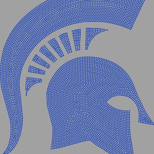 May include: A blue Spartan helmet design made of small blue dots. The helmet is facing to the right and has a plume on the top.