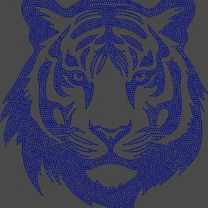 May include: A blue rhinestone tiger head design. The tiger's face is detailed with rhinestones, creating a sparkling effect.