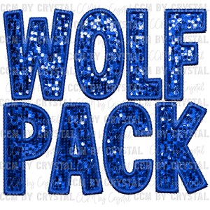 May include: Blue and white sequined iron-on patch with the text "WOLF PACK" in a bold, blocky font.