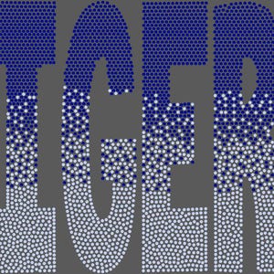 May include: A blue and white ombre rhinestone design that spells out the word "TIGERS".