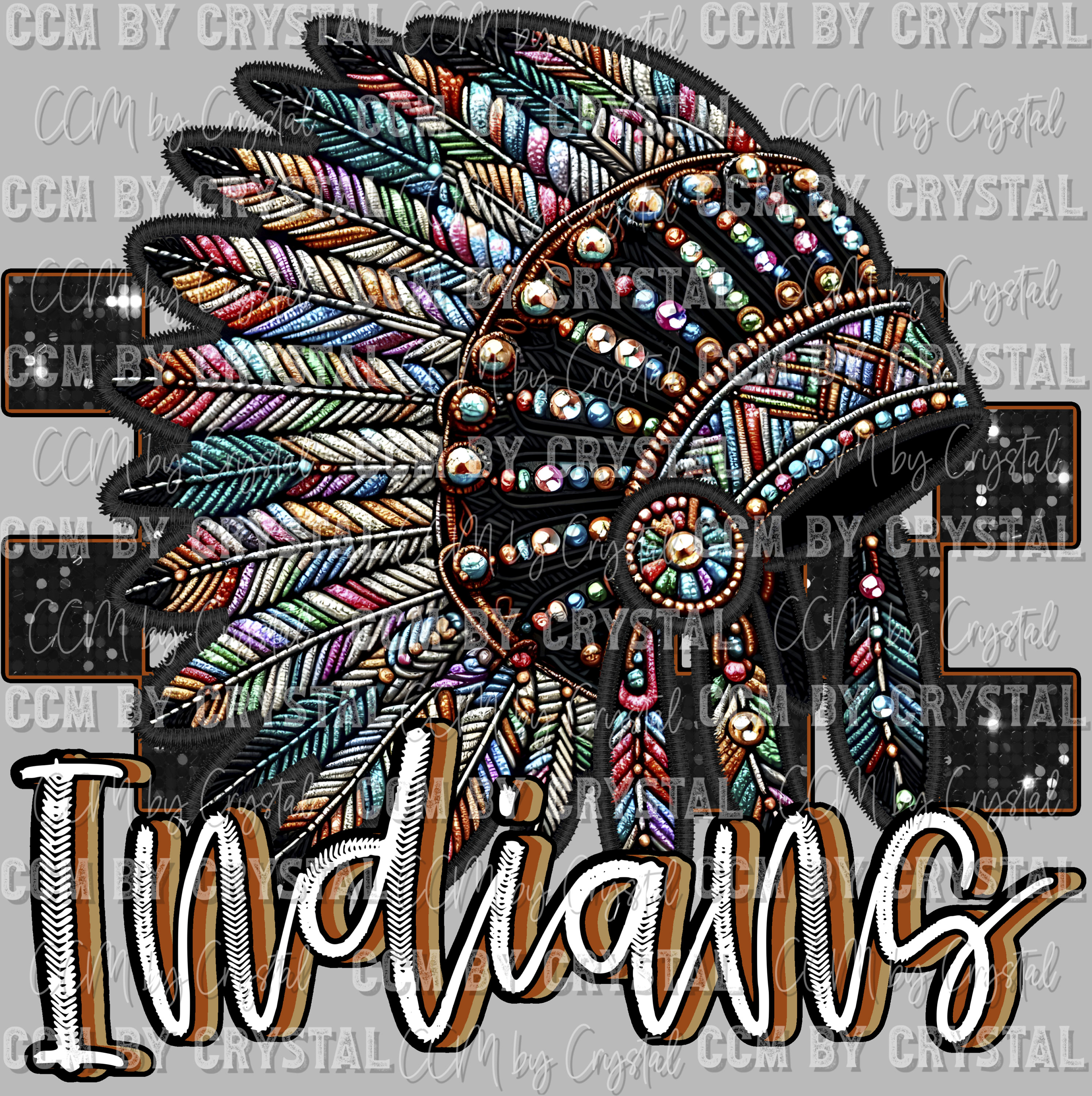 Indians Mascot Faux Rhinestone Effect Ready to Press Transfer Direct to Film DTF Transfers Sublimation Transfer