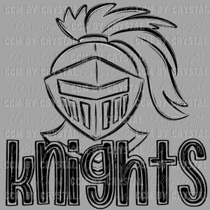 May include: Black and white graphic of a knight's helmet with a plume, and the word "Knights" in bold letters. The design is a simple, outlined illustration, suitable for team or school spirit merchandise.