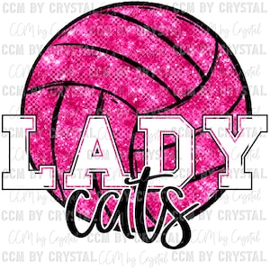 Lady Cats Pink Mascot Faux Sequin Volleyball PNG Digital Download ONLY