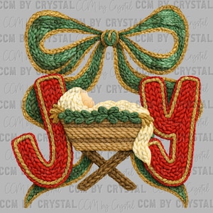 May include: A knitted Christmas design featuring the word "JOY" in red with gold trim, a green and gold bow, and a manger scene. The manger holds a baby Jesus figure. The design is set against a gray background.