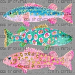 May include: Three fish illustrations arranged vertically. The top fish is blue and pink with gold stars. The middle fish is teal with pink and gold spots. The bottom fish is pink with gold leopard-style spots. Text reads CCM BY CRYSTAL.