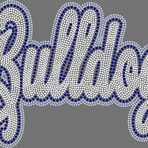 May include: The word "Bulldogs" is displayed in a script font, created with white and navy blue dots on a gray background. The dots form the letters, with a navy blue outline and a gray shadow.