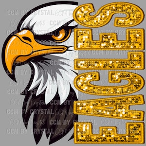 May include: A graphic design featuring a stylized eagle head in shades of white, gray, black, and gold. The word "SEIZE" is spelled out in gold sequined letters with a stitched border. The background is a solid gray.