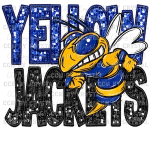 Yellow Jackets Blue Mascot Faux Embroidery Faux Sequins Ready to Press Transfer Direct to Film DTF Transfers Sublimation Transfer